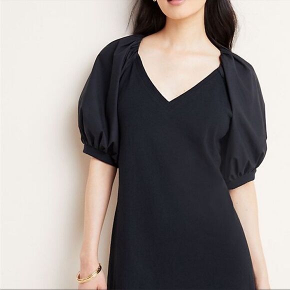 Anthropologie Maeve Annika Black Puffy Balloon Sleeve Dress Minimalist Modern - Picture 3 of 16